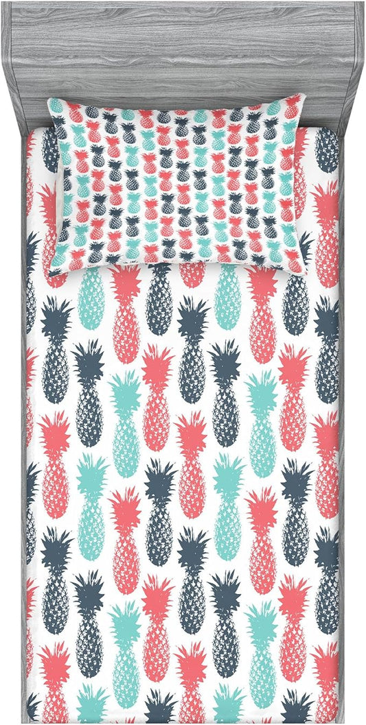 Ambesonne Pineapple Fitted Sheet & Pillow Sham Set, Island Pineapple Tropic Fruit Pattern Stamped Minimal Backdrop Pop Art, Decorative Printed 2 Piece Bedding Decor Set, Twinxl, Turquoise White Coral