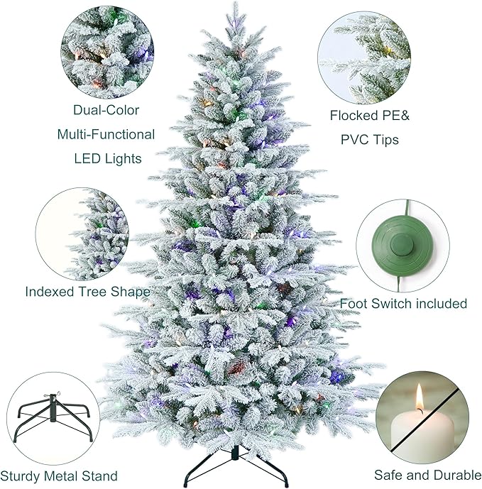 7 Feet Pre-lit Flocked PE Christmas Tree with 1575 Branch Tips, 350 Dual-Color Multi-Functional LED Lights
