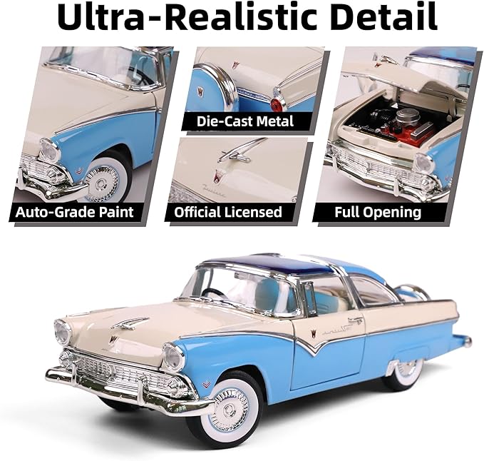 1955 Ford Crown Victoria 1/18 Scale Die-Cast Metal Model Premium Classic Vintage Alloy Cars with Display Case, with Opening Doors, Best Gift for Men, Dad & Kids 14+ Years (Blue)