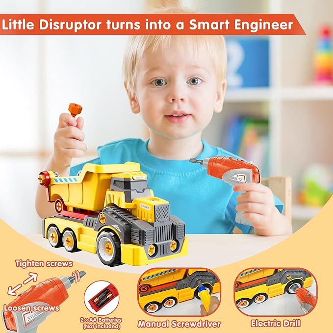 11inches Large Take Apart Construction Toys Dump Trucks for Boys Girls Kids 3-5 6-8 Year Old Electric Drill Set Assembly Building Toys Learning Toys