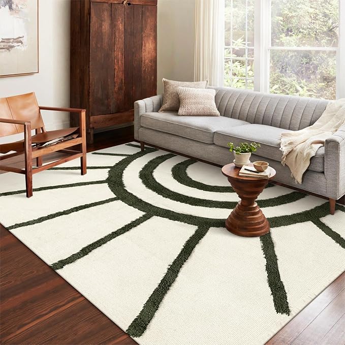 OJIA Washable 5'x8' Area Rugs, Green Tufted Sun Rug Living Room Rugs, Cotton Boho Bedroom Rug Farmhouse Nursery Rug Bohemian Floor Carpet for Playroom/Nursery/Classroom/Kids Room