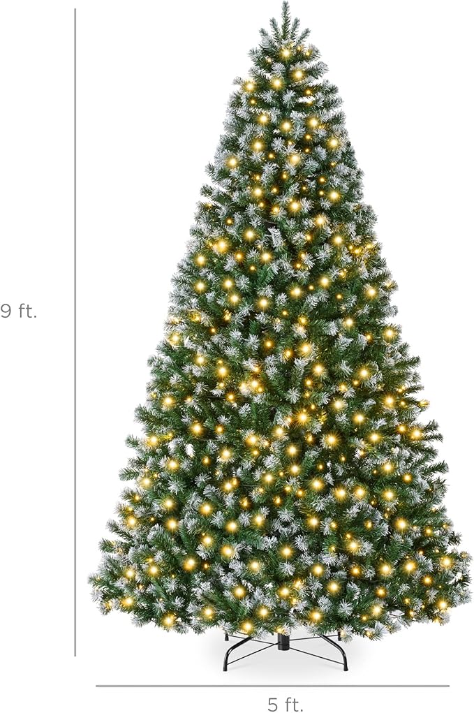 Best Choice Products Artificial Frosted Christmas Tree, 9ft Premium Pre-Lit Realistic Spruce Holiday Décor w/Dense Branches, Metal Base – Green Spruce