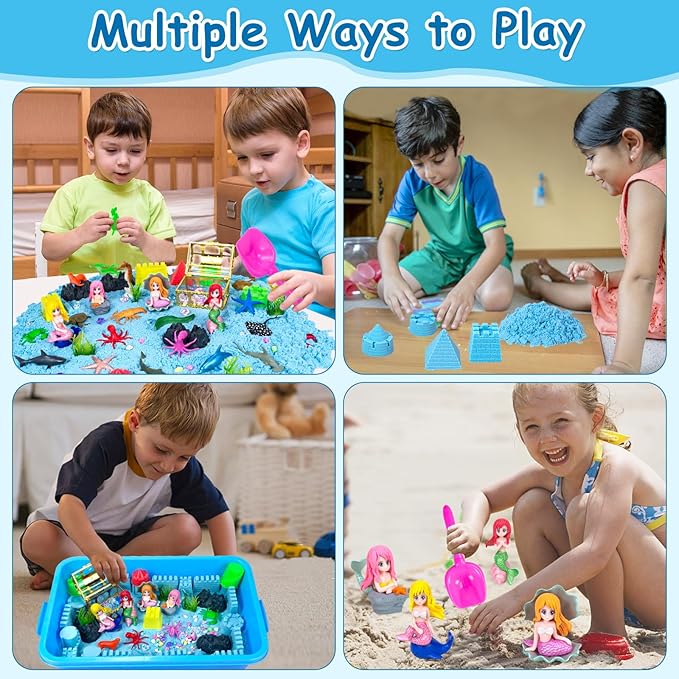 57Pcs Mermaid Sensory Bin Toys, Ocean Sensory Sandbox for Kids Ages 3 4 5 6 7 8 with 2.64lbs Magic Sand, Castle Moulds, 4 Mermaids, 30 Sea Animals- Toddlers Play Sand Art Kits Birthday Gift