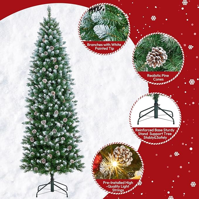 GAOMON Slim Artificial Christmas Tree, 6ft Pre-lit with 400 Warm White Lights, Pre-Decorated 60 Pine Cones & 700 Flocked Tips, for Home Office Party Decor (Xmas, New Years) Includes Metal Stand