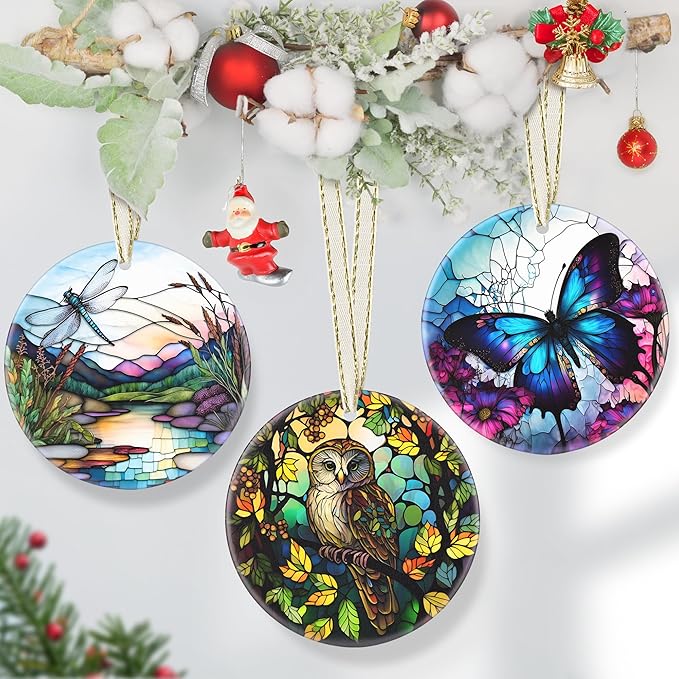 Owl Ceramic Christmas Ornament, 3.5 Inch Hanging Ornament for Christmas Tree, Gifts & Holiday Presents