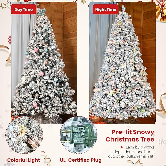 4ft Perlit Snow Flocked Christmas Tree with Lights,Artificial Christmas Tree with Pine Cones,366 Branch Tips, Premium Spruce Full Xmas Tree for Easy Holiday Setup