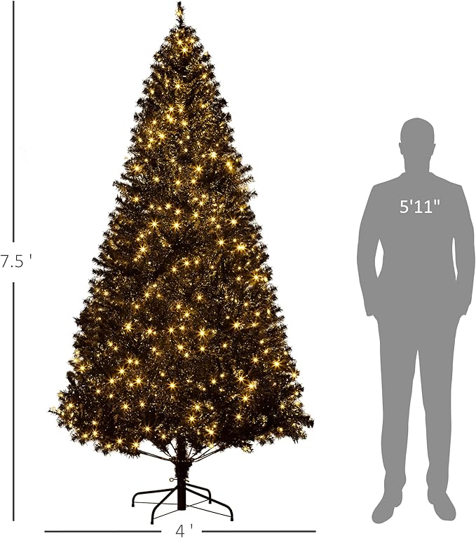 HOMCOM 7.5' Tall Prelit Christmas Tree Douglas Fir Artificial Christmas Tree with Realistic Branches, 500 Warm White LED Lights and 1346 Tips, Black