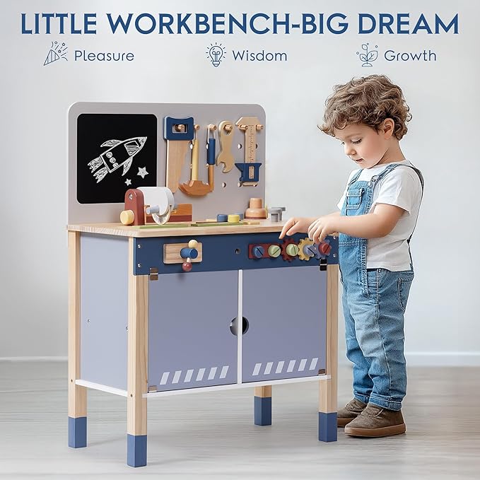 ROBOTIME Kids Tool Bench, Wooden Tool Workbench for Toddler, Tool Bench with Play Tools Set and Large Storage Space, Toy Workbench Workshop for Boys and Girls, Gift for Ages 3+