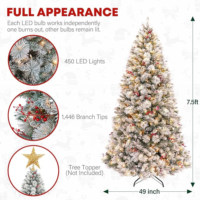 7.5ft Lighted Snow Flocked Christmas Tree, Artificial Christmas Tree with 450 Warm White LED Lights, 1446 Branch Tips, Hinged Design & Metal Stand for Holiday, Decor