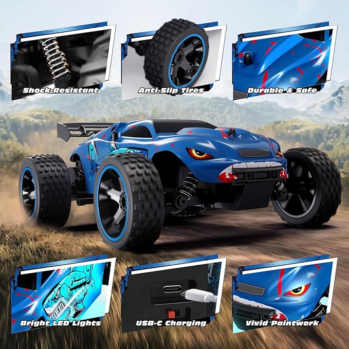 Tecnock RC Cars for Kids, 1:18 Scale 2WD RC Car with USB-C Easy Charging, 2.4GHz Remote Control Car with LED Lights & 50 Mins Playtime, Toys Gifts for Boys & Girls Ages 8-12