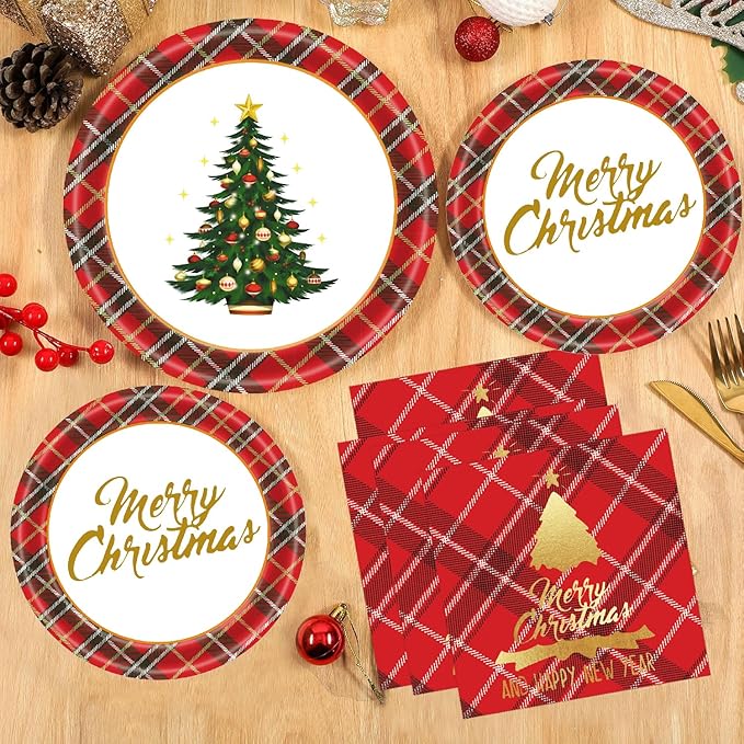 72 Pcs Christmas Plates Disposable Party Set Red Black Plaid Christmas Tree Holiday Paper Plates and Napkins for Chirstmas Party Table Decorations