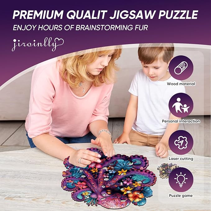 Octopus Wooden Puzzle for Adults, Ocean Jigsaw Puzzles 500 Piece, Unique Shapes Family Reunion Puzzle for Adults and Kids, Beautiful Package, Best Gift for Family Friends Royal 17.3x16.6in