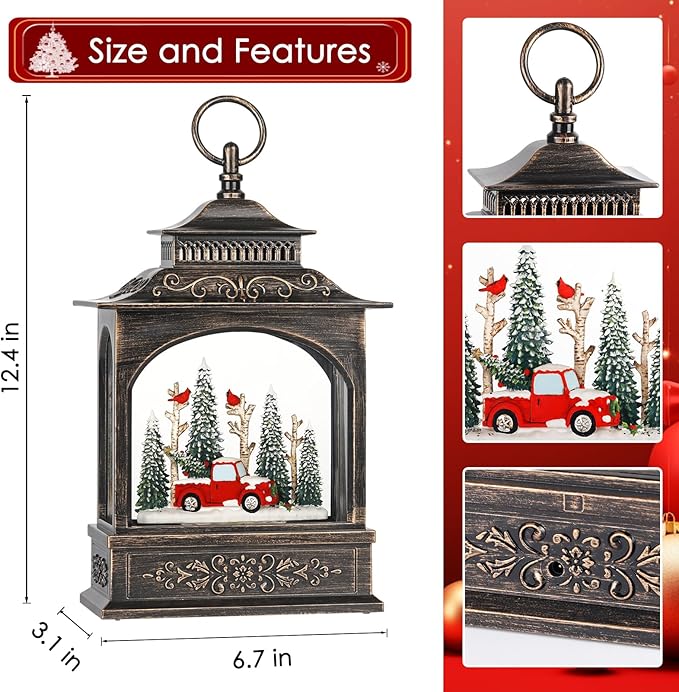 Musical Christmas Snow Globe Lantern with 6H Timer, Lighted Christmas Decorations Battery Operated Snow Globe for Home Tabletop, Red Truck & Cardinals