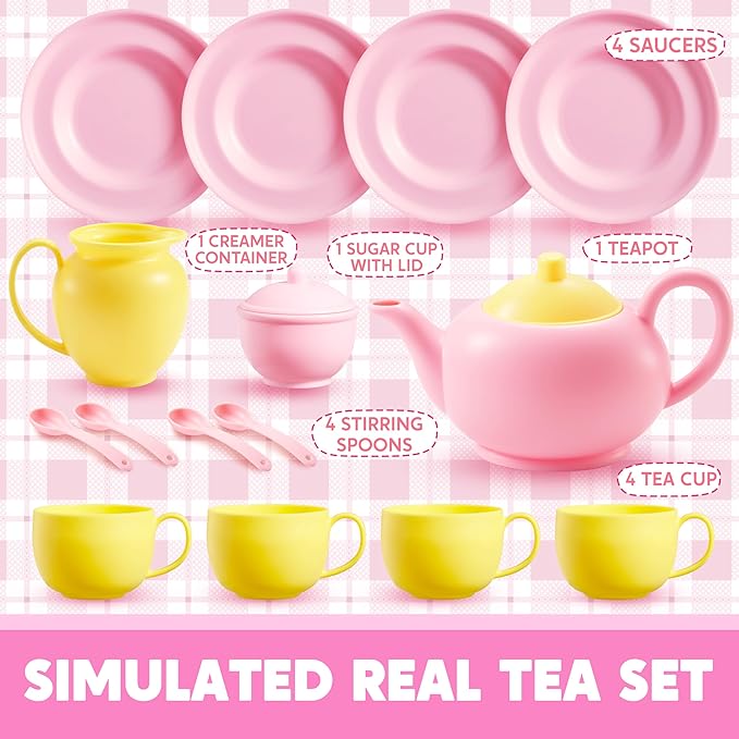 JOYIN 18PCS Pretend Tea Party Set, Pink Plastic Tea Set, Mini Kitchen for Kids, Gifts for Toddler Boys Girls, Gift for Christmas