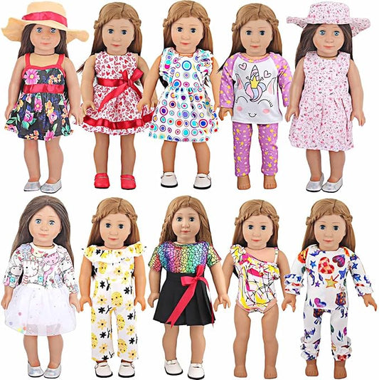 10 Sets of 18 Inch American Doll Clothes, Including 10 of Doll Clothing Dress Outfits for American Dolls, Birthday Gifts for Kids