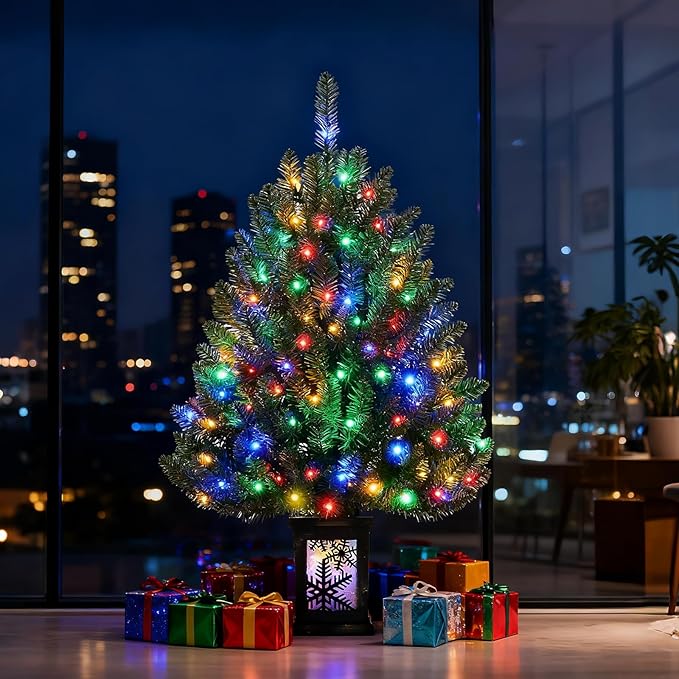 3FT Small Christmas Tree, Artificial Christmas Tree with 100 Lights & Lighting Base, Prelit Mini Tree for Christmas Decor,Tabletop Christmas Tree, 10 Modes Lighting Control, Timer Operated Operated