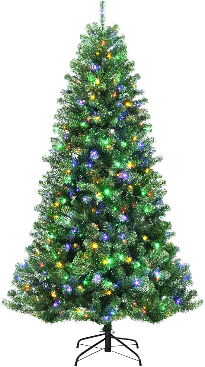GOFLAME 6ft Artificial Christmas Tree, Pre-lit Xmas Tree 9 Lighting Modes w/ 845 PVC Branch Tips & 350 Color-Changing LED Lights, Holiday Festival Decoration Tree with Remote Control and Metal Stand