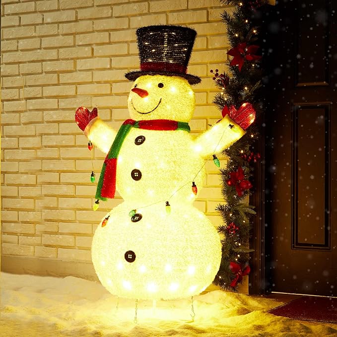 Glitzhome 4FT Lighted Christmas Snowman, 3D Foldable Fabric Outdoor Snowman Decor with Colorful Bulbs Holiday Lawn Ornament Yard Decoration Outdoor and Indoor use Long-Lasting, 160 Warm White LED