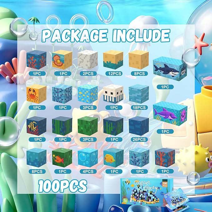 100 PCS Magnetic Blocks for Kids Ages 3 4 5 6 7 8 9 10, STEM Sensory Ocean Magnetic Toys, Christmas Birthday Gifts for Toddlers Boys & Girls