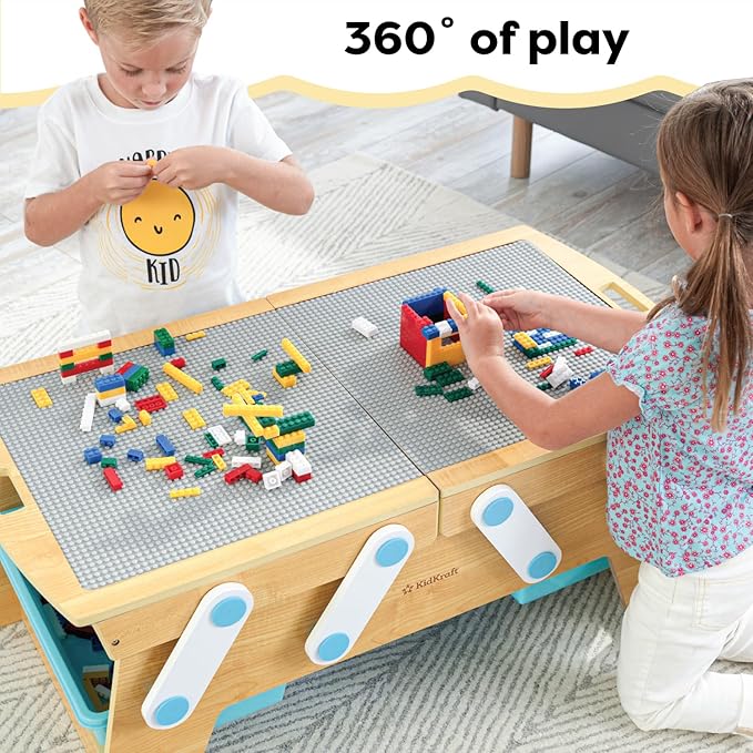 KidKraft Building Bricks Play N Store Wooden Table, Children's Toy Storage with Bins, 200+ Building Blocks Included, Natural, Gift for Ages 3+