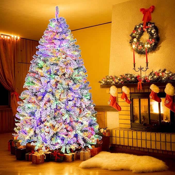 7.5ft Prelit Christmas Tree Snow Flocked Artificial Xmas Tree with 550 Colorful LED Lights, Remote Control, 1405 Branch Tips, Time and 11 Light Modes