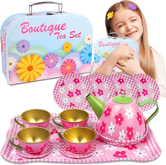 SMILESSKIDDO 15pcs Tea Party Set for Little Girls - Princess Tea Party Sets,Kids Kitchen Pretend Play Toys - Toddler Tea Party Sets for Girl 3-5, Girls Tea Party Set Gift for 3 4 5 6 7 8 Girl (Pink)
