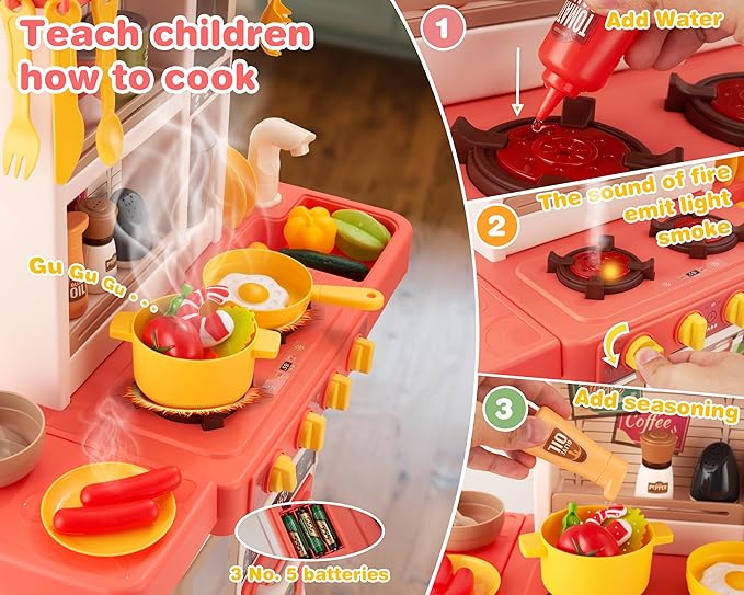 Kids Kitchen Play Set，Interactive Kids Kitchen Play Set with 50Pcs of Pretend Kitchen Toys，Realistic Sound Effects，and Simulated Functionality - Suitable for Toddlers Aged 3-5 Years(Pink)