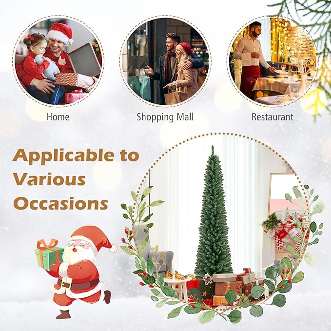 GOFLAME 7FT Pencil Christmas Tree, Slim Artificial Xmas Tree with 523 Memory Wire Branch Tips & Upgraded Metal Stand, Seasonal Holiday Decoration Tree for Home Office Party