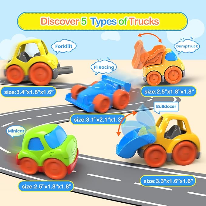 P&C 5 Pcs Toddler Mini Truck Toys for Ages 2-4, Beach Sand Outdoor Construction Toy Cars for Kids 12M+ 1 2 3 4 Years Old Boys and Girls, Great for Birthdays Children's Day Christmas Gifts