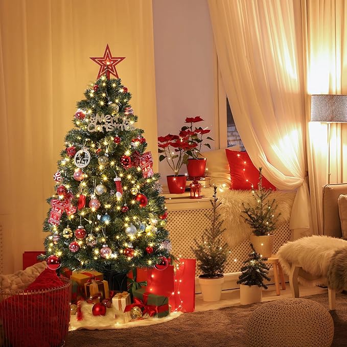 4.5 ft Green Christmas Tree, Pre-Lit Artificial Potted Xmas Tree with 300 Led Lights, 8 Lighting Modes, Antique Urn Base Design, Dense Branch Realistic Home Party Decoration w/Easy Assembly，2 PCS