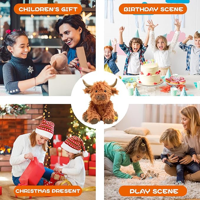 Music Highland Cow Stuffed Animal with Sound, Farm Cow Toy with ''Moo''Sound, Soft Farm Animal Cattle Plushie Doll Festival Presents for Adults Kids Boys Girls (Brown)