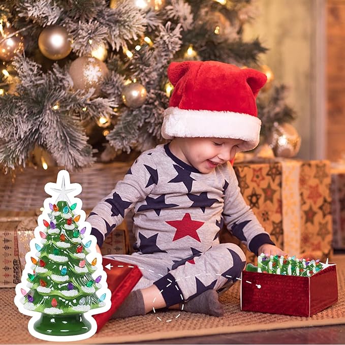 Small Ceramic Christmas Tree Hand-Painted Vintage Tabletop Green White Christmas Tree Holiday Decoration with Multi-Color Lights Xmas Trees 12 inch