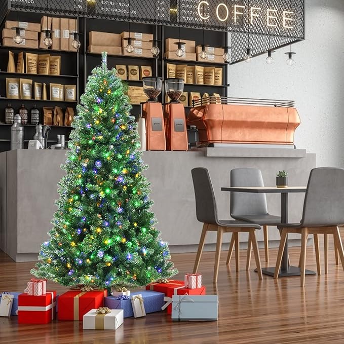 GOFLAME 6ft Artificial Christmas Tree, Pre-lit Xmas Tree 9 Lighting Modes w/ 845 PVC Branch Tips & 350 Color-Changing LED Lights, Holiday Festival Decoration Tree with Remote Control and Metal Stand