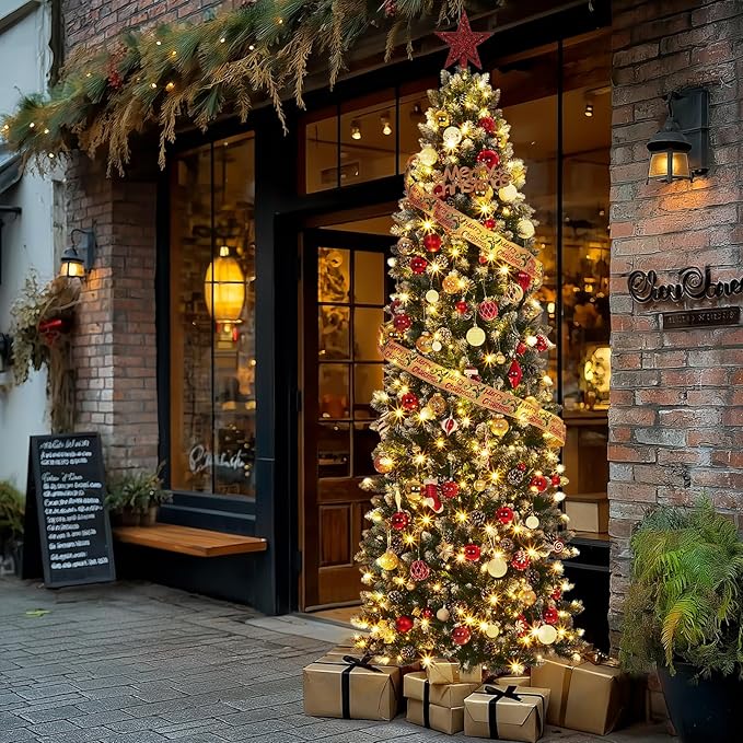 GAOMON Slim Artificial Christmas Tree, 7.5ft Pre-lit with 600 Warm White Lights, Pre-Decorated 84 Pine Cones & 900 Flocked Tips, for Home Office Party Decor (Xmas, New Years) Includes Metal Stand