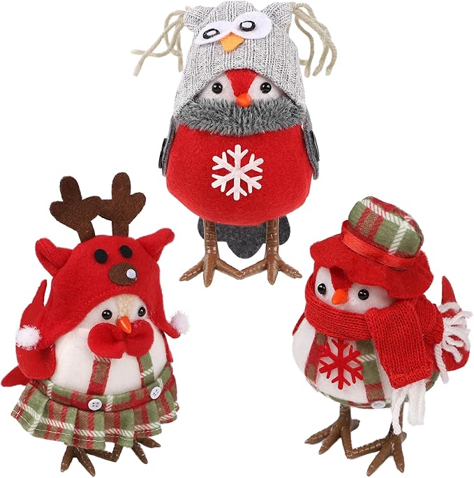 3 Pack 6 Inch Christmas Table Decorations - Small Bird Figurines, Red Cute Xmas Ornaments for Table Top, Desktop, Mantel, Kitchen Decor, Holiday, Winter Party Gifts