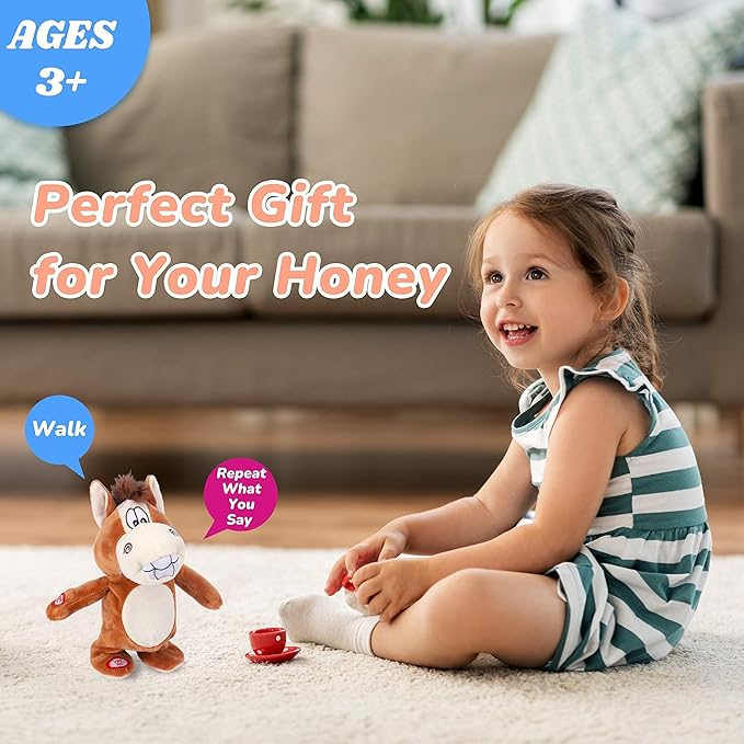 Hopearl Talking Singing Donkey Repeats What You Say Walking Electric Interactive Animated Toy Speaking Plush Buddy Gifts for Toddlers, 8''