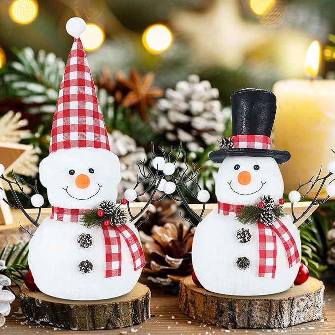 2 Pack Red and White Christmas Table Decor, 14" Lighted Plush Christmas Snowman Decorations, Light Up Snowman Holiday Present, Table Mantel Desk Fireplace Shelf Home Minimalist Decor