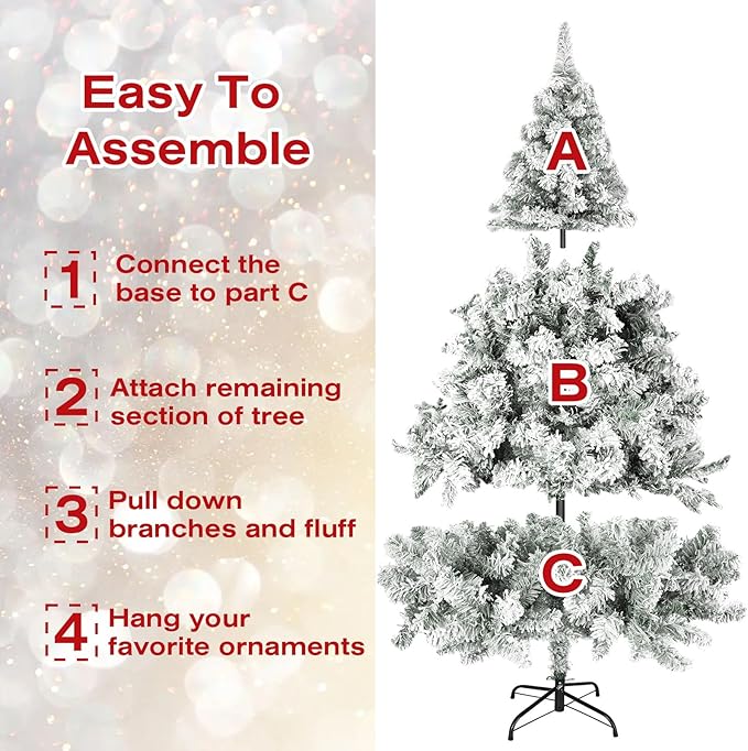 7 ft Premium Hinged Artificial Holiday Christmas Tree for Home, Office, Party Decoration Snow Flocked Xmas Pine with 1,000 Branch Tips, Easy Assembly, Metal Hinges & Base, White