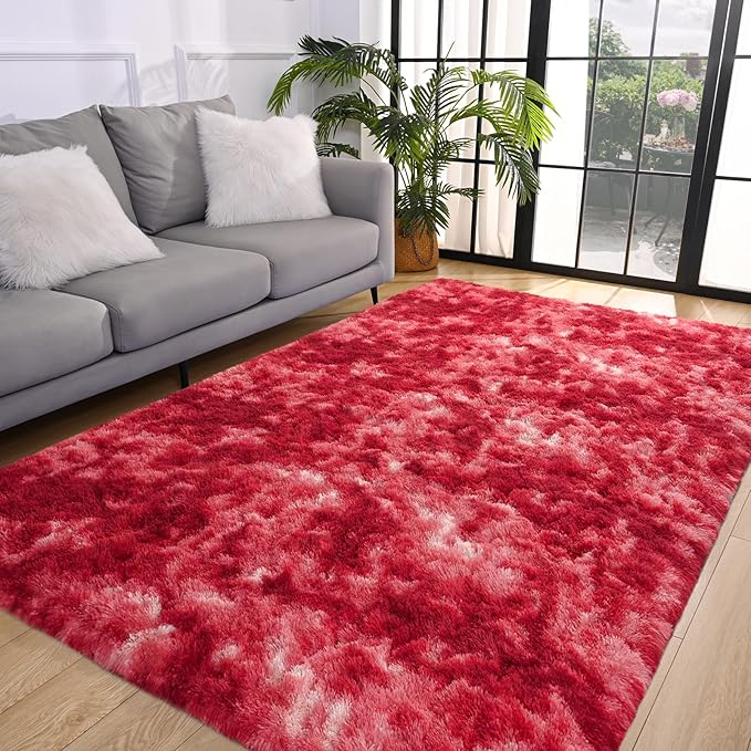 Pettop Large Shag Area Rug, 8x10 Tie-Dyed Plush Fuzzy Rugs for Living Room, Ultra Soft Shaggy Rugs for Bedroom, Non-Slip and Washable Indoor Carpet for Girls Kids Room Home Decor, Burgundy Red