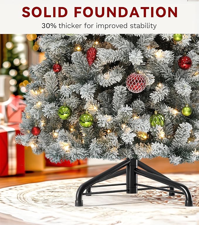 DWVO 6 ft Prelit Snow-Flocked Artificial Pine Christmas Tree, Full Xmas Tree with 250 Lights, 11 Lighting Modes, 1000 Tips, Foldable Base for Home and Party Decor with Remote Control