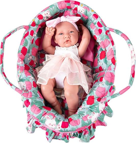 Doll Carry Cot Set, Soft Doll Carrier Basket Bassinet Includes 1 Cot and 1 Pillow, Rose Rabbit Doll Bassinet, Fits for 18-inch American Girl Dolls
