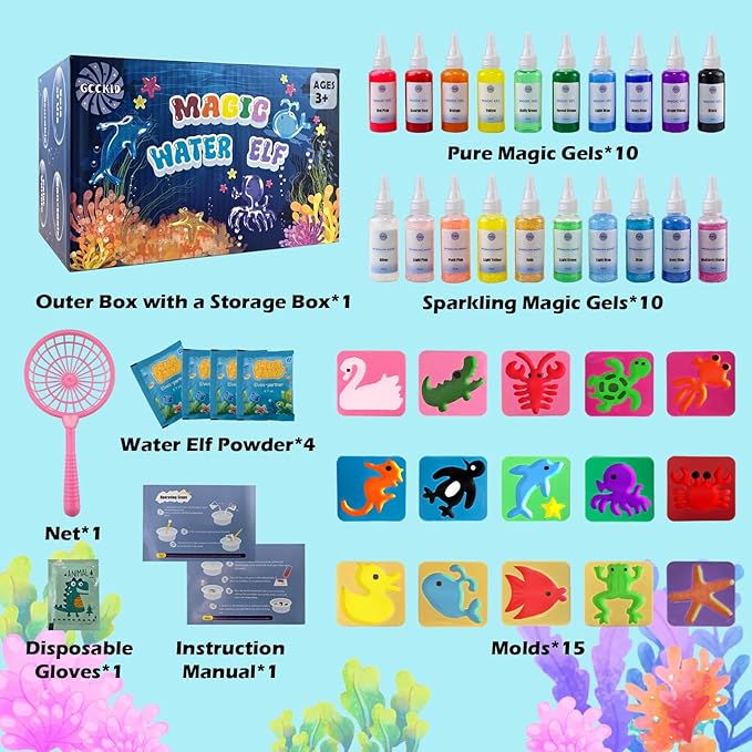 Magic Water Elf Toy Kit for Kids Ages 3-12, DIY Sensory Craft with 20 Bottles of Magic Gel, 15 Molds, STEM Educational Science Activity, Water Beads for Kids Ages 6-12, Birthday Party Gifts