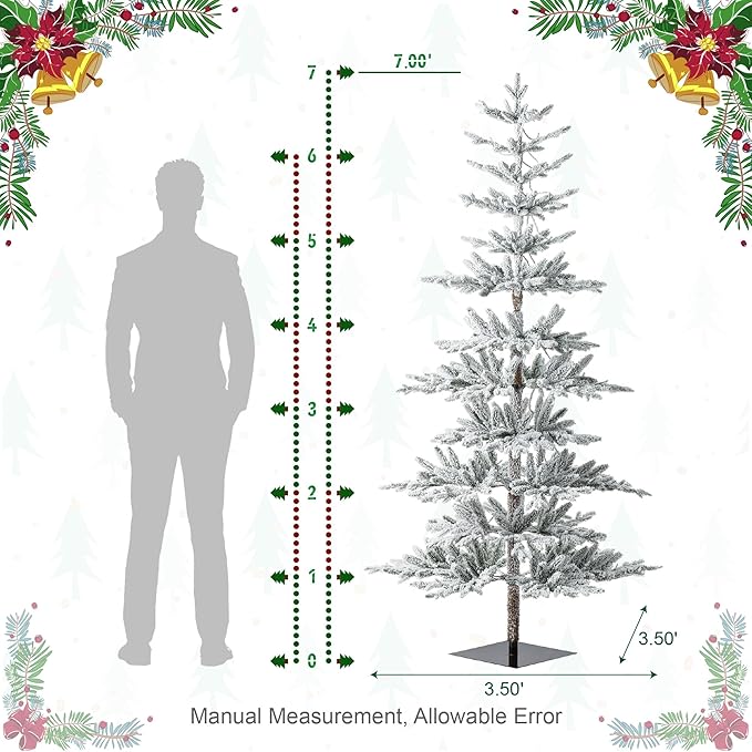 Glitzhome Flocked Christmas Tree, 7ft Pre-Lit Artificial Christmas Tree with 400 Warm White Lights, Deluxe Xmas Serene Snowscape Fir Tree with 1015 PE Tips and Sturdy Metal Stand,Easy Set Up