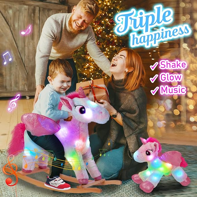 Glow Guards Light up Musical Unicorn Rocking Horse Set of 2 with Stuffed Rainbow Unicorn Toys Ride On Unicorn with Wooden Chair Gifts for Toddler Children Age 3-6