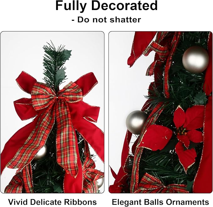 6FT Pop Up Christmas Tree with Prelit Lights and Decorations & Remote & Timer, Pull Up Artificial with Christmas Ball Ornaments Bows Ribbons for Xmas Party Decor