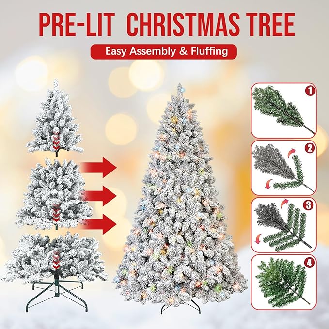 6ft Perlit Snow Flocked Christmas Tree with Lights,Artificial Christmas Tree with Pine Cones,888 Branch Tips, Premium Spruce Full Xmas Tree for Easy Holiday Setup