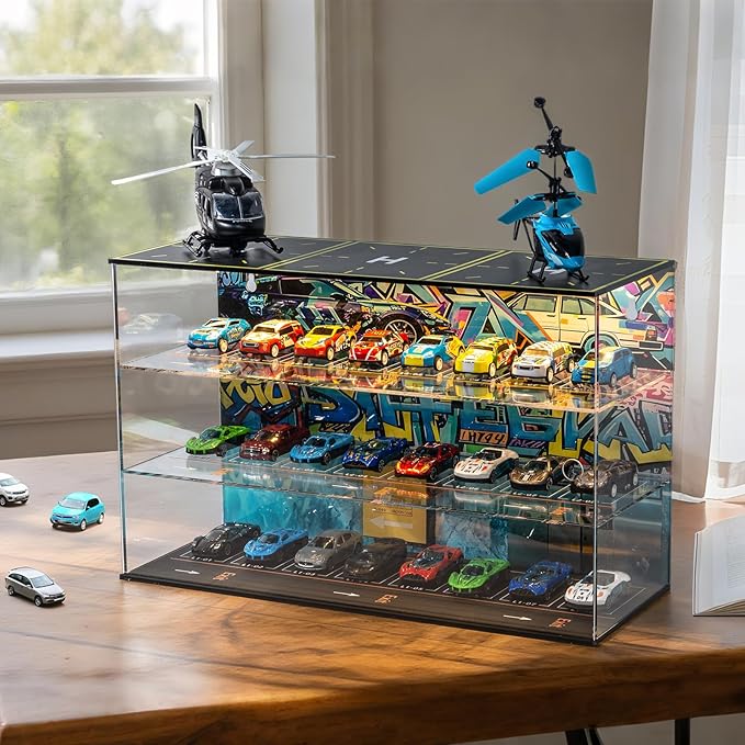 1/64 Scale Toy Car Garage Storage with Led Light, Model Car Display Case with Parking Lot Scene for Hot Wheels and Matchbox Cars, Die Cast Diorama for Alloy Car Model Aircraft with Airport