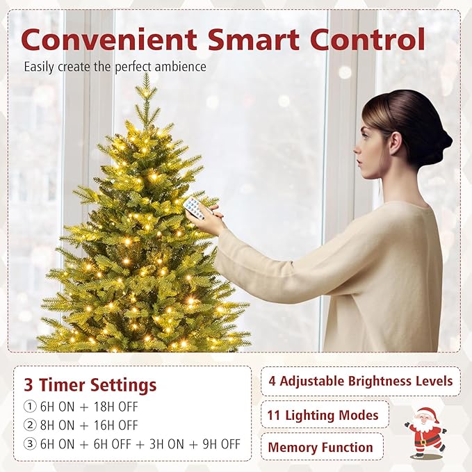 GOFLAME 5FT Prelit Artificial Christmas Tree, Hinged Christmas Tree with 250 LED Lights, 11 Lighting Modes, 844 PE & PVC Branch Tips, Holiday Decoration Tree with Remote, Timer, Adjustable Brightness