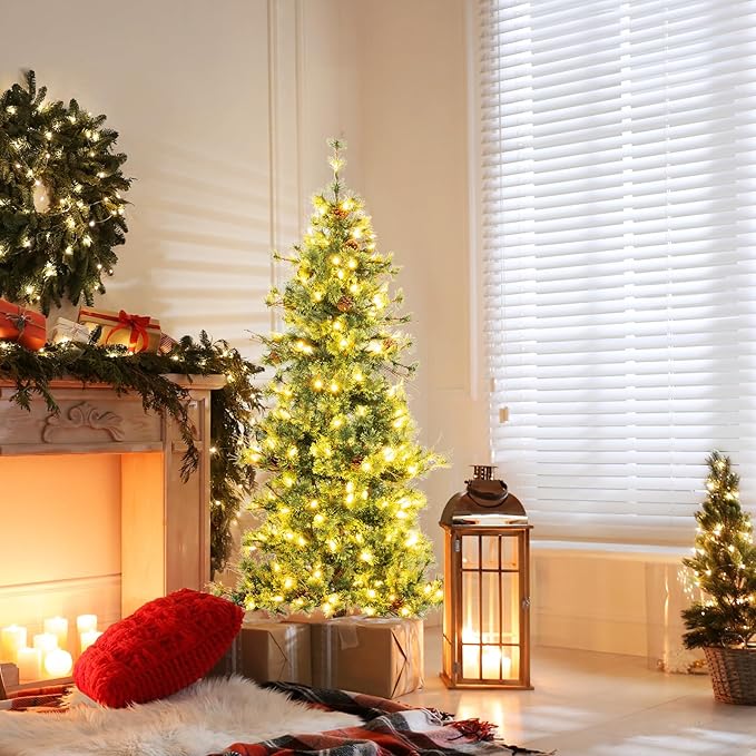 GOFLAME 6FT Pre-lit Christmas Tree, Artificial Xmas Tree with 200 Warm White LED Lights, 370 Branch Tips, Withered Branches, Pine Needles & 22 Pine Cones, Holiday Decoration Tree for Home Party