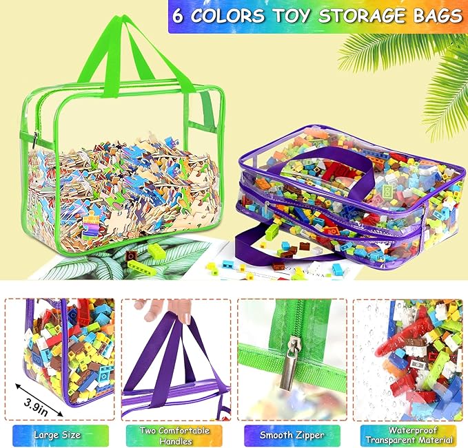 6 Packs Large Toy Storage Bags with Labels, Reusable Clear PVC Board Game Storage, Travel Waterproof Organizer Bags with Zipper for Building Blocks, Puzzle, Kids Books（6 Colors）